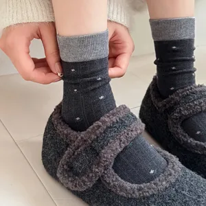 Korean style women mid tube socks warm wool contrast color floral cute socks winter.
