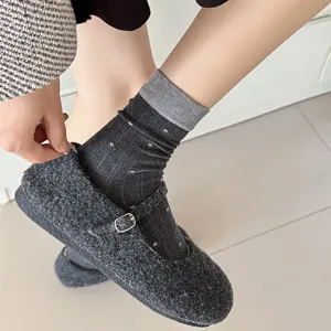 Korean wool mid-tube socks detail shot, cozy autumn winter breathable daily style.