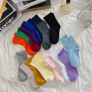 Women solid color short socks rolled edge casual cute cotton stacking socks multi color set