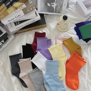 Women solid color rolled cuff short socks multi-color comfortable casual daily wear ankle socks