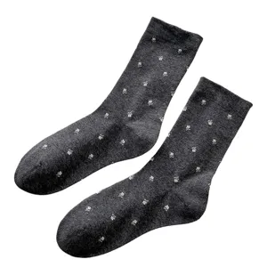 Cute floral mid-tube socks for women, dark grey autumn winter slouchy socks style.
