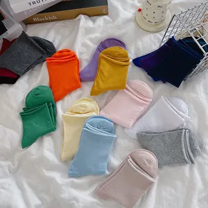 Colorful solid color rolled cuff women socks detail view, comfortable and versatile daily wear.