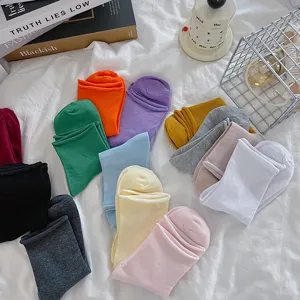 Colorful solid women short socks rolled edge stackable casual basic cotton socks detail view