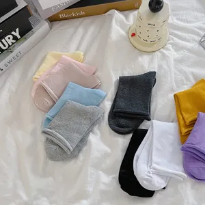 Women solid color casual short socks cotton rolled cuff everyday ankle socks multi-color