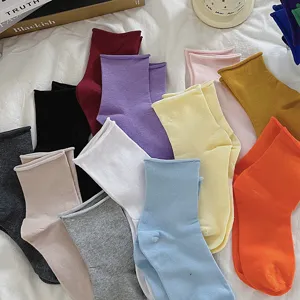 Women solid color rolled cuff casual short socks versatile stack socks comfortable daily wear