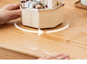 Macro view of a luxury rotating hexagonal makeup organizer for lipsticks and brushes