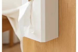 Minimalist white wall-mounted tissue box and face towel dispenser detail for home decor.