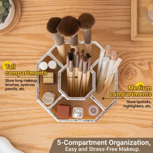 Luxury octagonal cosmetic organizer with five compartments for brushes and lipsticks