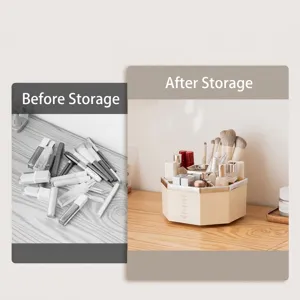 Rotating hexagonal cream makeup organizer for brushes and lipsticks on vanity