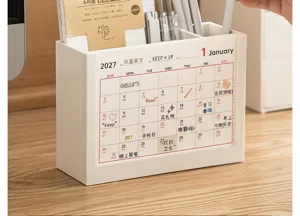 Organizzatore da scrivania calendario 2027 con portapenne e blocco note elegante.
