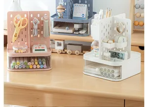 Multi-functional desktop pegboard organizer with drawer for stationery and cosmetics storage