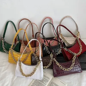 Bolso de Axila de Moda con Patrón de Cocodrilo Bolso de Hombro Baguette Pequeño con Decoración de Cadena de Oro Mujer