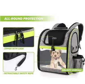 Detail view of breathable pet carrier backpack with safety lock and leash features.
