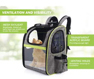 Close-up of breathable pet carrier backpack with mesh skylight and acrylic windows.