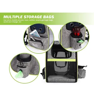 Close-up of expandable pet carrier backpack highlighting functional storage pockets