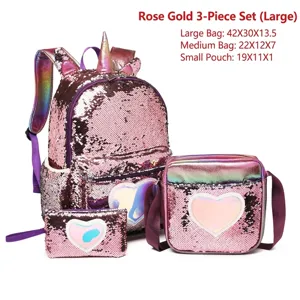 Rose gold 3-piece sequin school backpack set for girls with unicorn horn and heart details