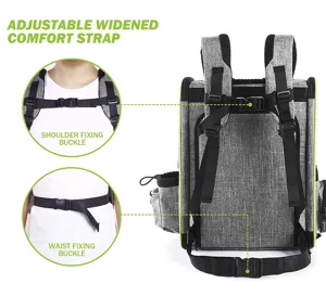 Close-up of adjustable widened comfort straps on a gray breathable pet carrier backpack