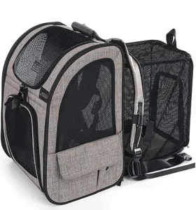 Detailed view of the expandable mesh compartment of a grey breathable pet backpack