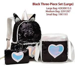 Black 3-piece sequin unicorn backpack set for girls featuring shimmering heart patterns