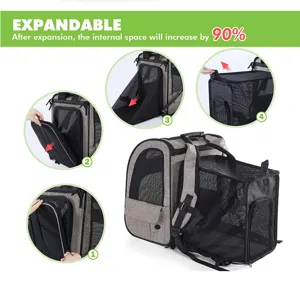 Detailed illustration showing expansion steps of breathable pet carrier backpack with mesh.