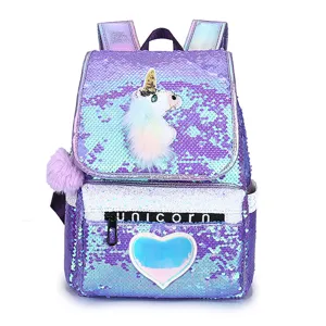 Glitter sequin unicorn backpack for girls with fuzzy pom-pom and heart detail