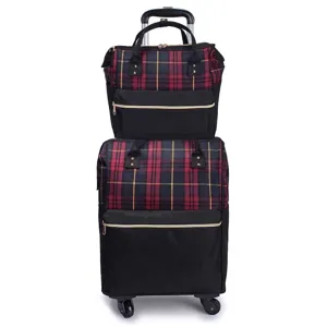 Bolsa de Viaje con Ruedas de Tela Oxford a Cuadros con Ruedas Universales Maleta de Trolley y Bolso de Mano a Juego Equipaje Multiuso