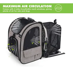 Detailed view of breathable mesh windows on expandable pet backpack for air circulation