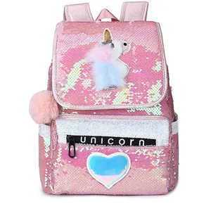 Adorable pink sequined school backpack for girls with a 3D unicorn and heart patch.