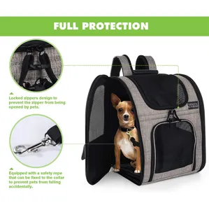 Close-up of pet carrier backpack showing safety locked zippers and internal leash clip.
