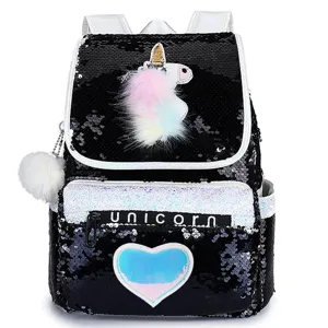 Sparkly black sequined girls backpack with fluffy unicorn and iridescent heart detail