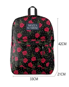 Detailed view of floral rose print backpack showing dimensions 42x33x21cm clearly