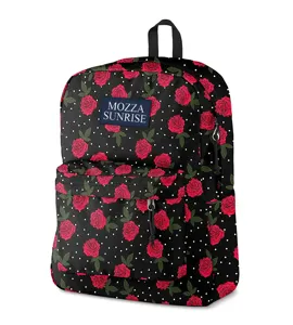 Detailed view of black backpack with red rose print and white polka dot pattern