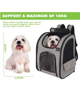 Pet carrier backpack sizing guide with 10kg weight limit and 40cm height capacity