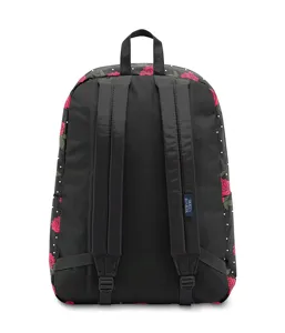 Back view of black lightweight backpack with rose print and adjustable straps
