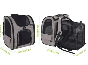 Detailed dimensions of expandable grey mesh pet backpack carrier for small cats and dogs
