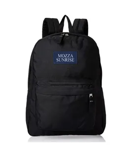 Front view of black lightweight canvas backpack with blue MOZZA SUNRISE logo patch