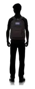 Back view of a lightweight black unisex backpack worn by a person silhouette model