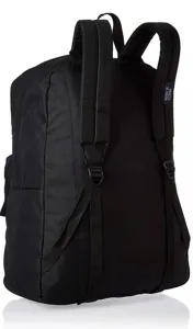 Rear view of lightweight black backpack showing padded adjustable shoulder straps