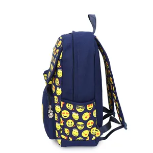 Navy blue large capacity backpack featuring yellow emoji print patterns for travel and school