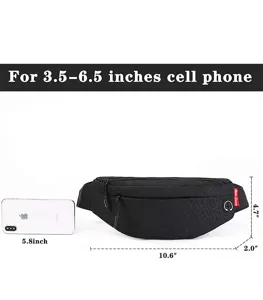 Black waist bag showing dimensions and compatibility for 3.5 to 6.5 inch phones