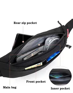 Detailed view of the black travel waist bag showing multiple functional pockets and storage