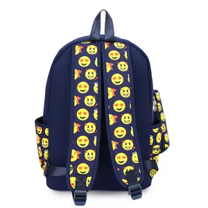 Navy blue student schoolbag featuring vibrant emoji print straps and large capacity