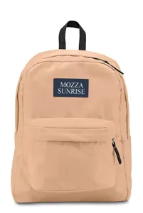 Close-up front detail of a peach colored backpack with Mozza Sunrise navy label