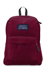Front view detail of a maroon lightweight backpack with Mozza Sunrise logo patch