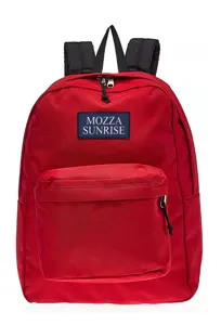 Vibrant red lightweight unisex backpack featuring a Mozza Sunrise brand patch detail