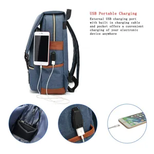 Detail view of vintage canvas backpack showing external USB charging port and phone connection.