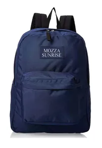 Detailed close-up of navy blue lightweight backpack featuring Mozza Sunrise logo.