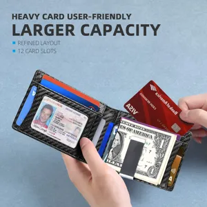Interior detail of men's carbon fiber wallet with money clip and twelve card slots