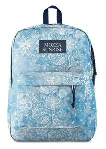Detailed view of light blue paisley pattern backpack featuring MOZZA SUNRISE brand label