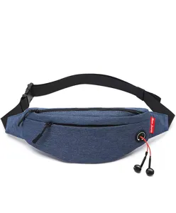 Durable blue waist bag with earphone port and adjustable strap.